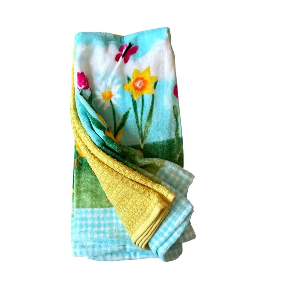 Cynthia Rowley Kitchen Towels Set of 3 Colorful Spring Floral Easter Chicks New